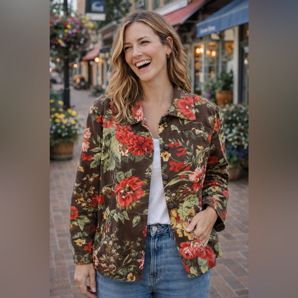 Appleseed's Floral Utility Jacket - Brown and Red - Picture 1 of 8